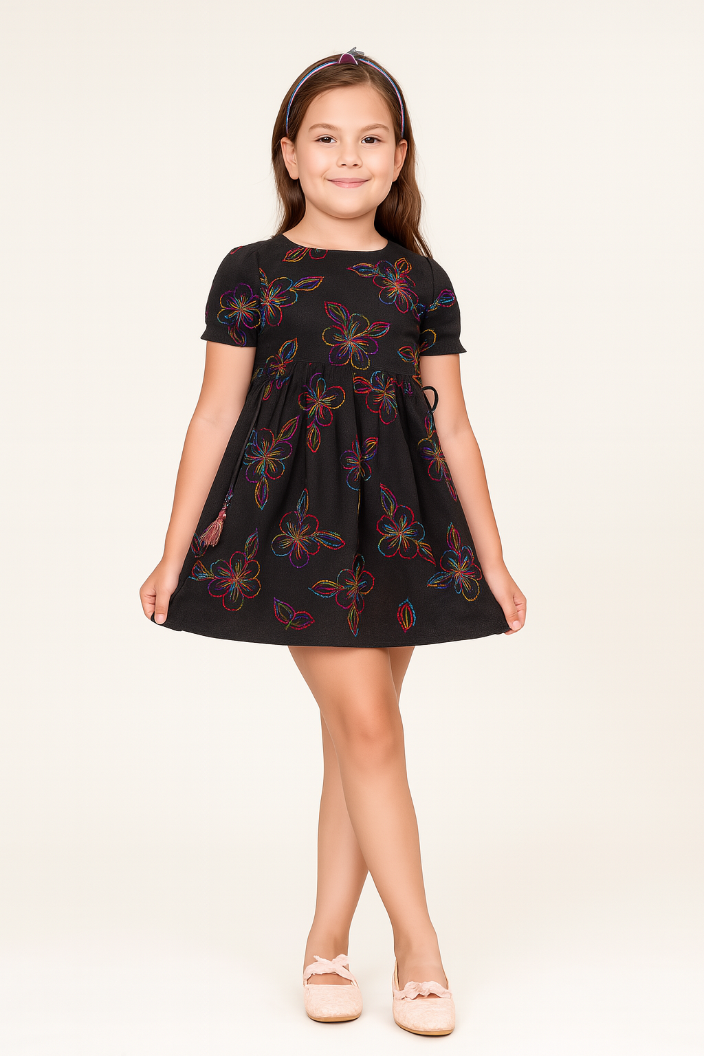 TINY TWILLS Girls Cotton Frock – Dress with Colorful Floral Thread & Tassel Tie-Up | Festive & Party Wear for Kids