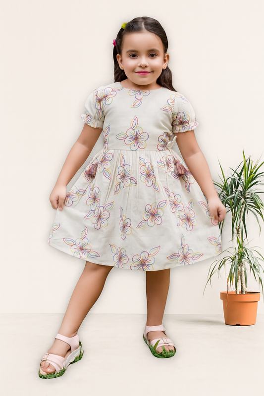 TINY TWILLS Girls Cotton Frock – Dress with Colorful Floral Thread & Tassel Tie-Up | Festive & Party Wear for Kids