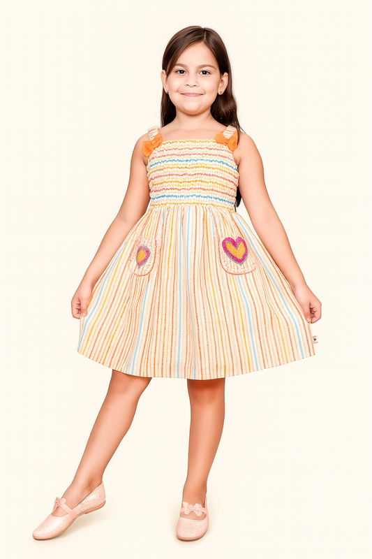 TINY TWILLS Girls’ Striped Cotton Frock – Sleeveless Multicolor Smocked Dress with Heart Pockets | Summer Wear