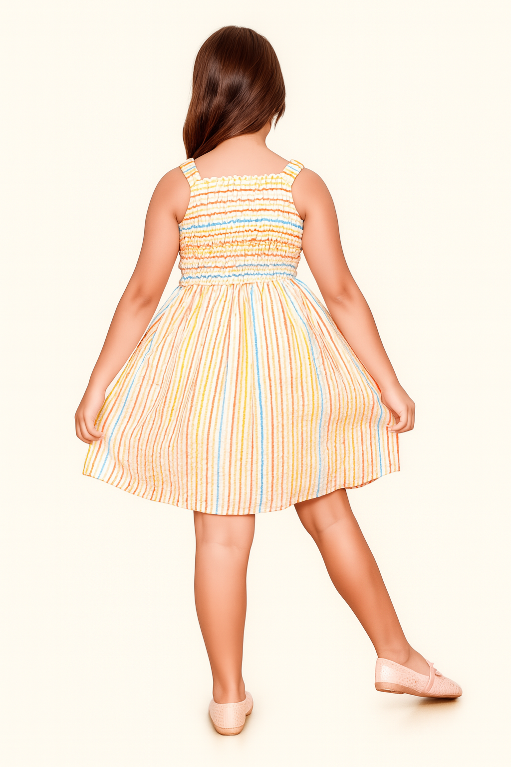 TINY TWILLS Girls’ Striped Cotton Frock – Sleeveless Multicolor Smocked Dress with Heart Pockets | Summer Wear