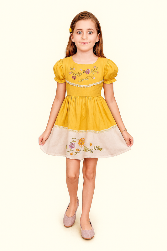 TINY TWILLS Girls’ Embroidered Frock – Puff Sleeves Cotton Dress with Contrast Hem | Summer Wear