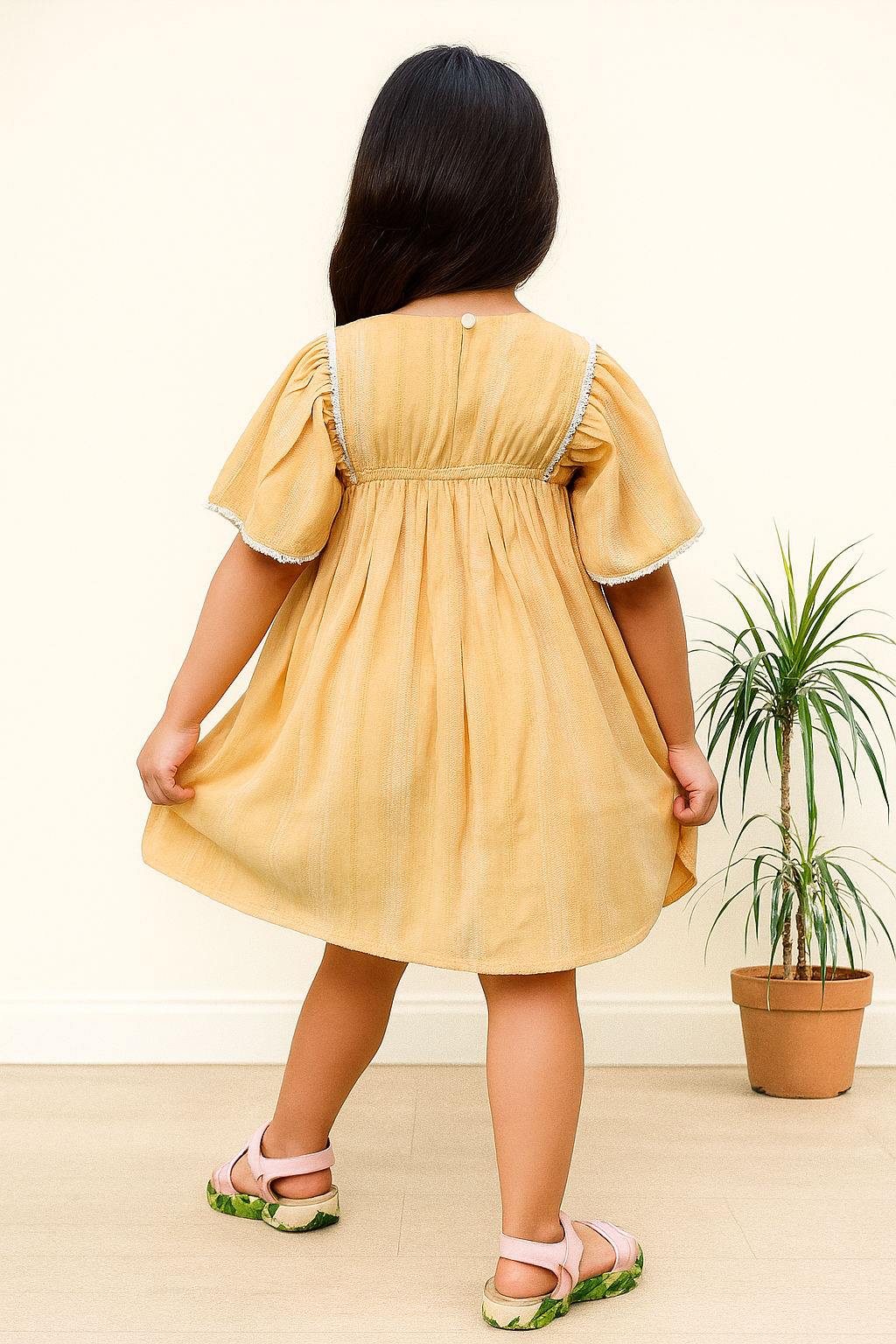 Tiny Twills Mustard Rainbow Frock – Girls' Cotton A-Line Dress with Pockets