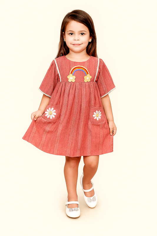 Tiny Twills Mustard Rainbow Frock – Girls' Cotton A-Line Dress with Pockets