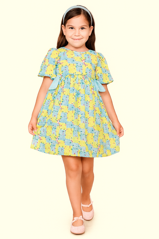 TINY TWILLS Girls' Patchwork Print Cotton Dress with Side Bows – Multicolor Casual Frock