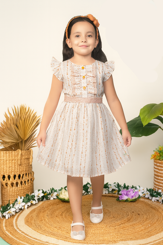 TINY TWILLS Girls' White Printed Fit & Flare Dress – Ruffle Front with Button Detailing | Soft Cotton Blend