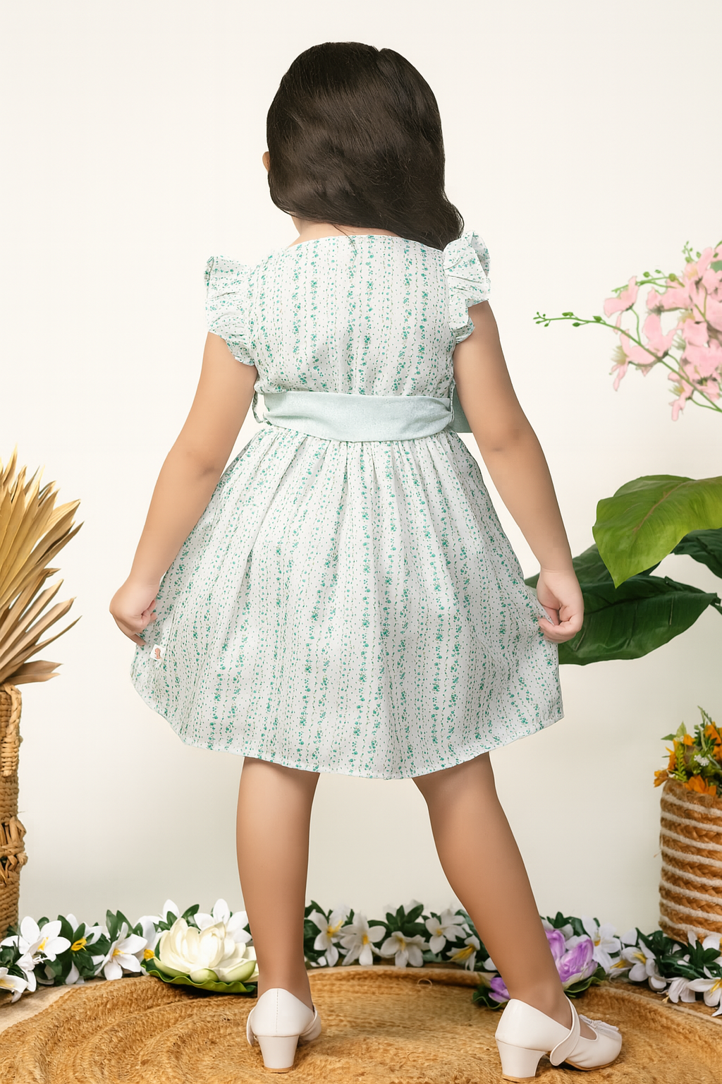 TINY TWILLS Girls' White Printed Fit & Flare Dress – Ruffle Front with Button Detailing | Soft Cotton Blend