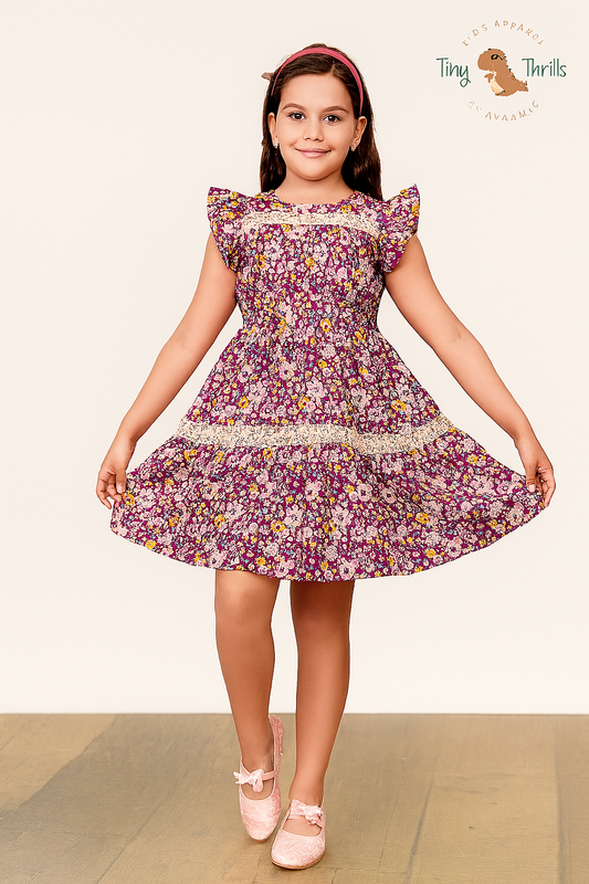 TINY TWILLS Girls' Floral MAROON Cotton Frock – Ruffle Sleeves with Crochet Lace | Casual Summer Dress