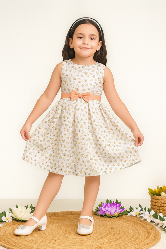 TINY TWILLS Girls Floral Cotton Frock – Sleeveless White Dress with Yellow Bow Belt | Elegant Summer Party Wear