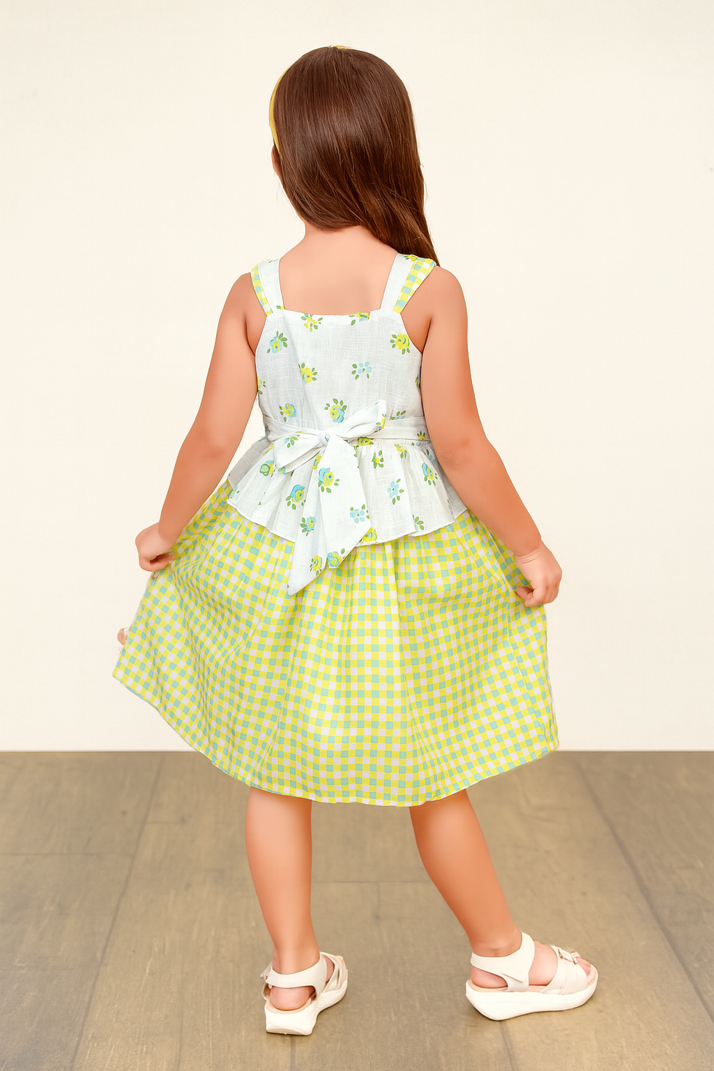 TINY TWILLS Girls Cotton Sundress – Sleeveless Yellow & White Gingham Dress with Floral Peplum Top | Casual Summer Outfit