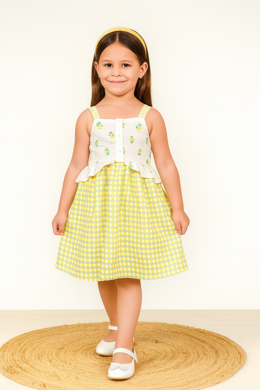 TINY TWILLS Girls Cotton Sundress – Sleeveless Yellow & White Gingham Dress with Floral Peplum Top | Casual Summer Outfit