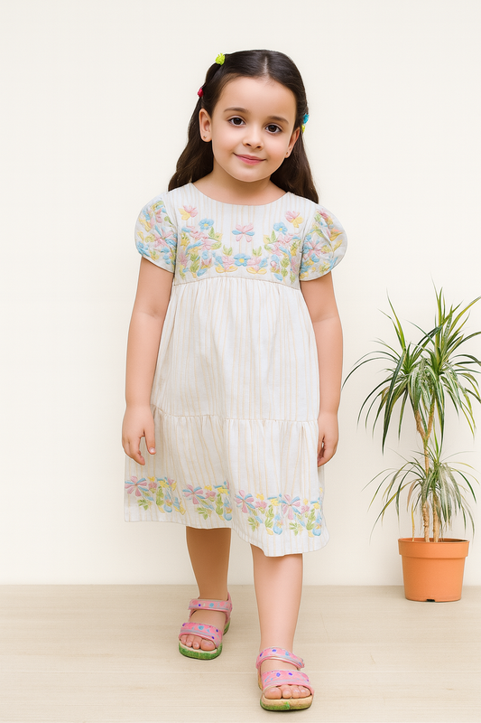 TINY TWILLS Girls’ Cream Cotton Dress with Pastel Floral Embroidery | Puff Sleeve Midi Dress | Summer Wear