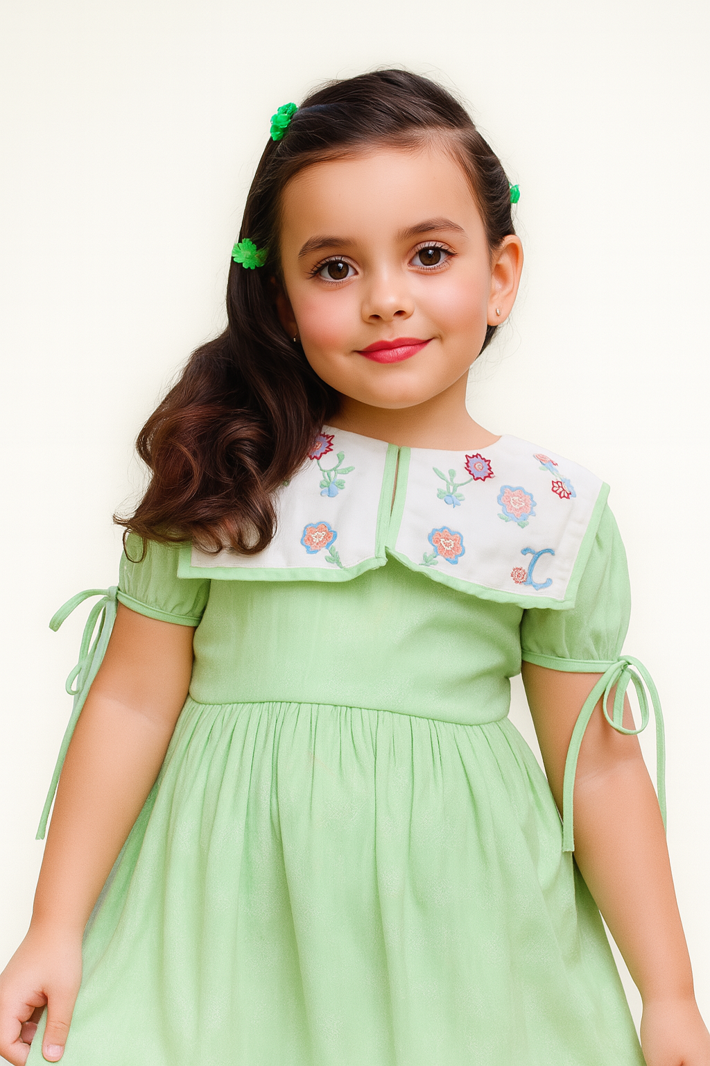 TINY TWILLS Girls Light Green Cotton Frock with Floral Embroidered Collar & Border – Summer Wear