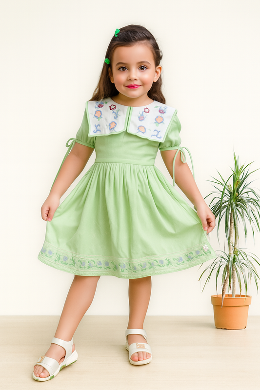 TINY TWILLS Girls Light Green Cotton Frock with Floral Embroidered Collar & Border – Summer Wear