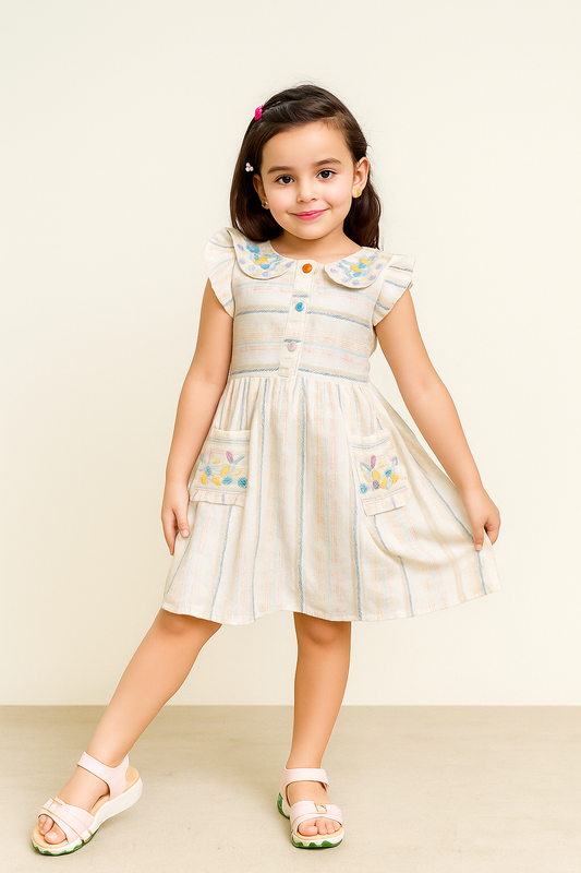 TINY TWILLS Girls Cotton Frock – Cream Striped Dress with Embroidered Pockets & Peter Pan Collar | Stylish Casual Wear for Kids