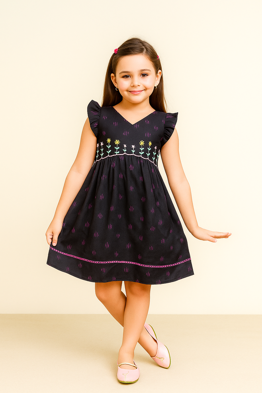 TINY TWILLS Girls Cotton Frock – Black Ikat Print Dress with Floral Embroidery & Flutter Sleeves | Stylish Ethnic Casual Wear