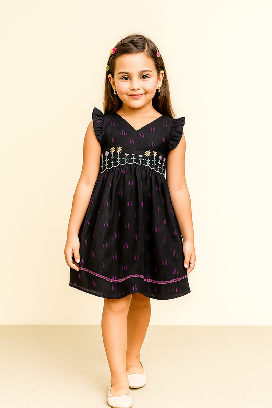 TINY TWILLS Girls Cotton Frock – Black Ikat Print Dress with Floral Embroidery & Flutter Sleeves | Stylish Ethnic Casual Wear