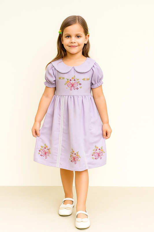 Tiny Twills Girls Cotton Frock – Lavender Dress with Embroidered Floral Bows & Peter Pan Collar | Princess Style Party Wear for Kids