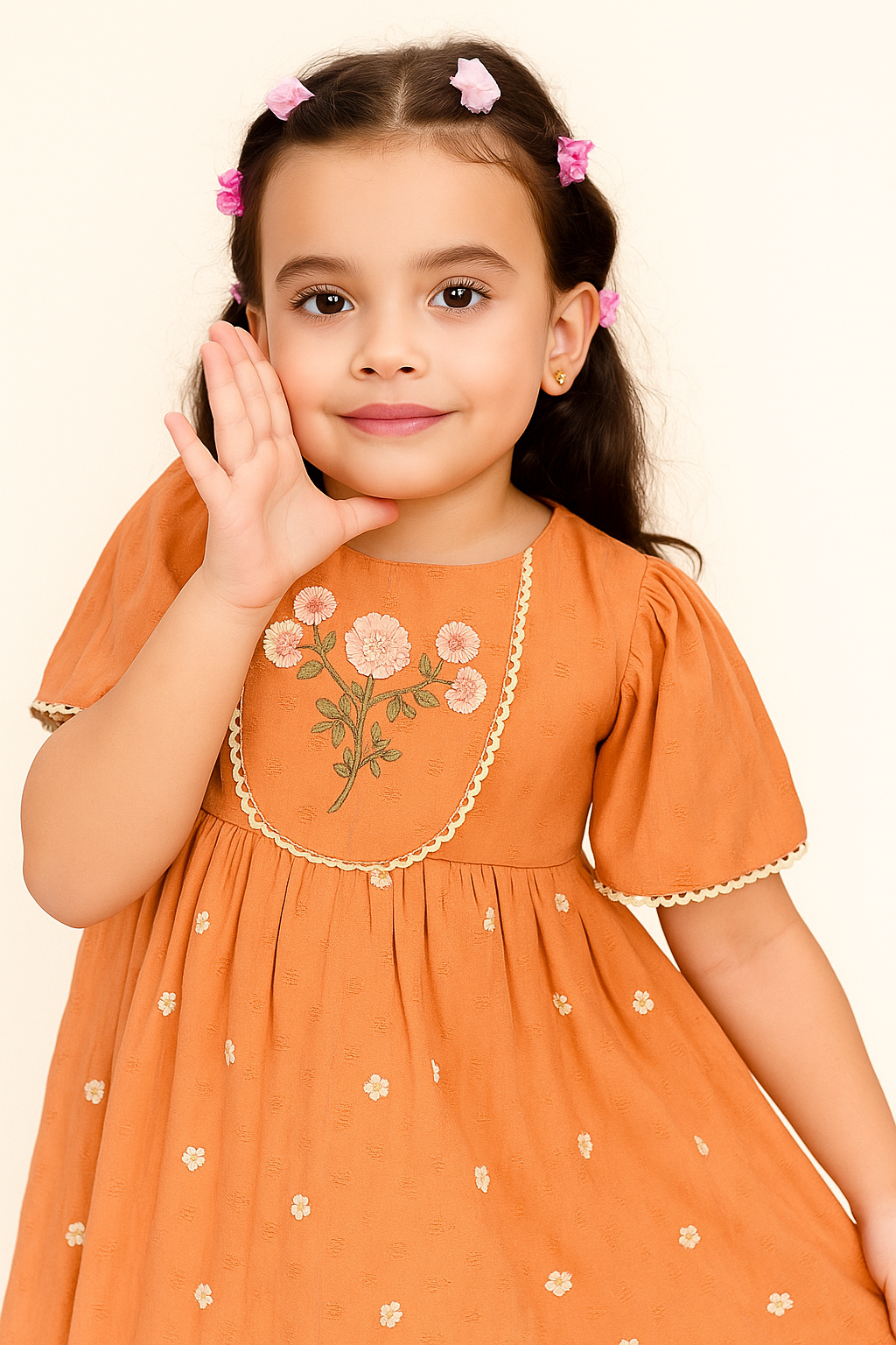 TINY TWILLS Girls Cotton Frock – Rust Orange Floral Embroidered Dress with Puff Sleeves & Dainty Lace Trim | Summer Party Wear for Kids