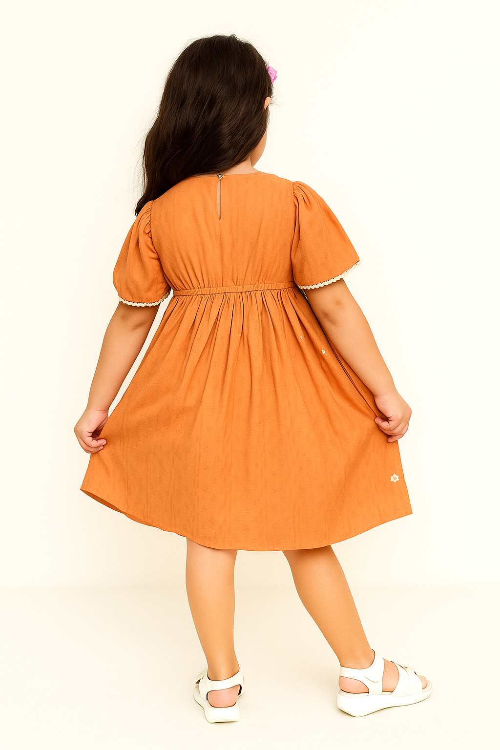 TINY TWILLS Girls Cotton Frock – Rust Orange Floral Embroidered Dress with Puff Sleeves & Dainty Lace Trim | Summer Party Wear for Kids