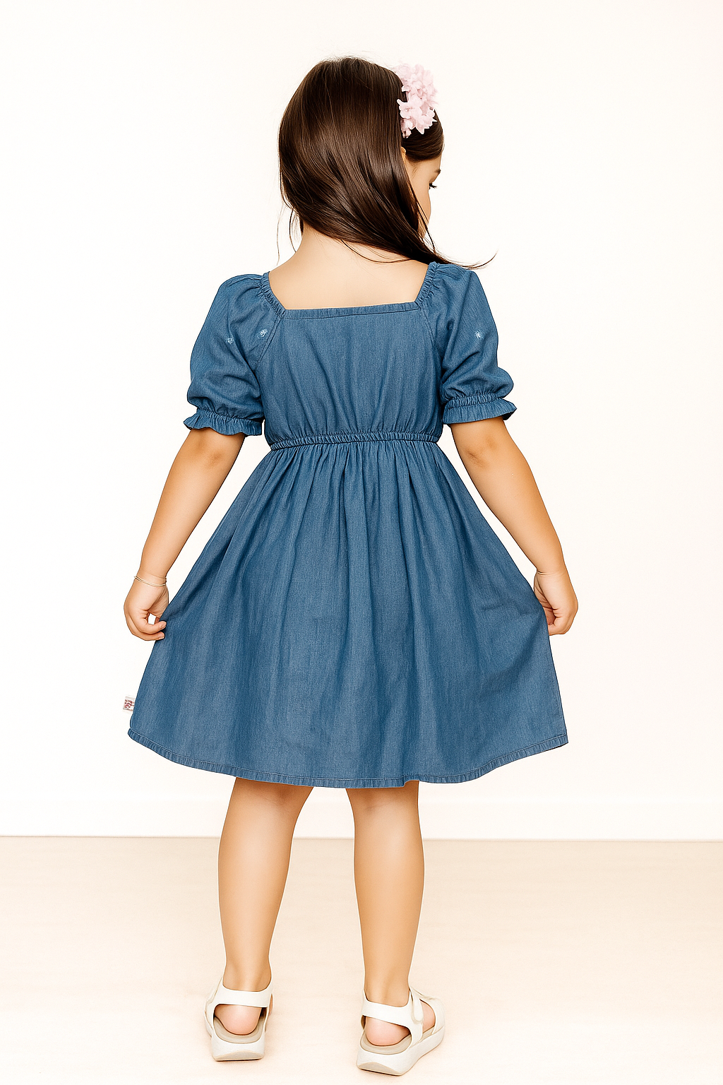 TINY TWILLS Girls Denim Frock – Blue Puff Sleeve Dress with Cute Animal Border Embroidery & Front Buttons | Trendy Casual Wear for Kids