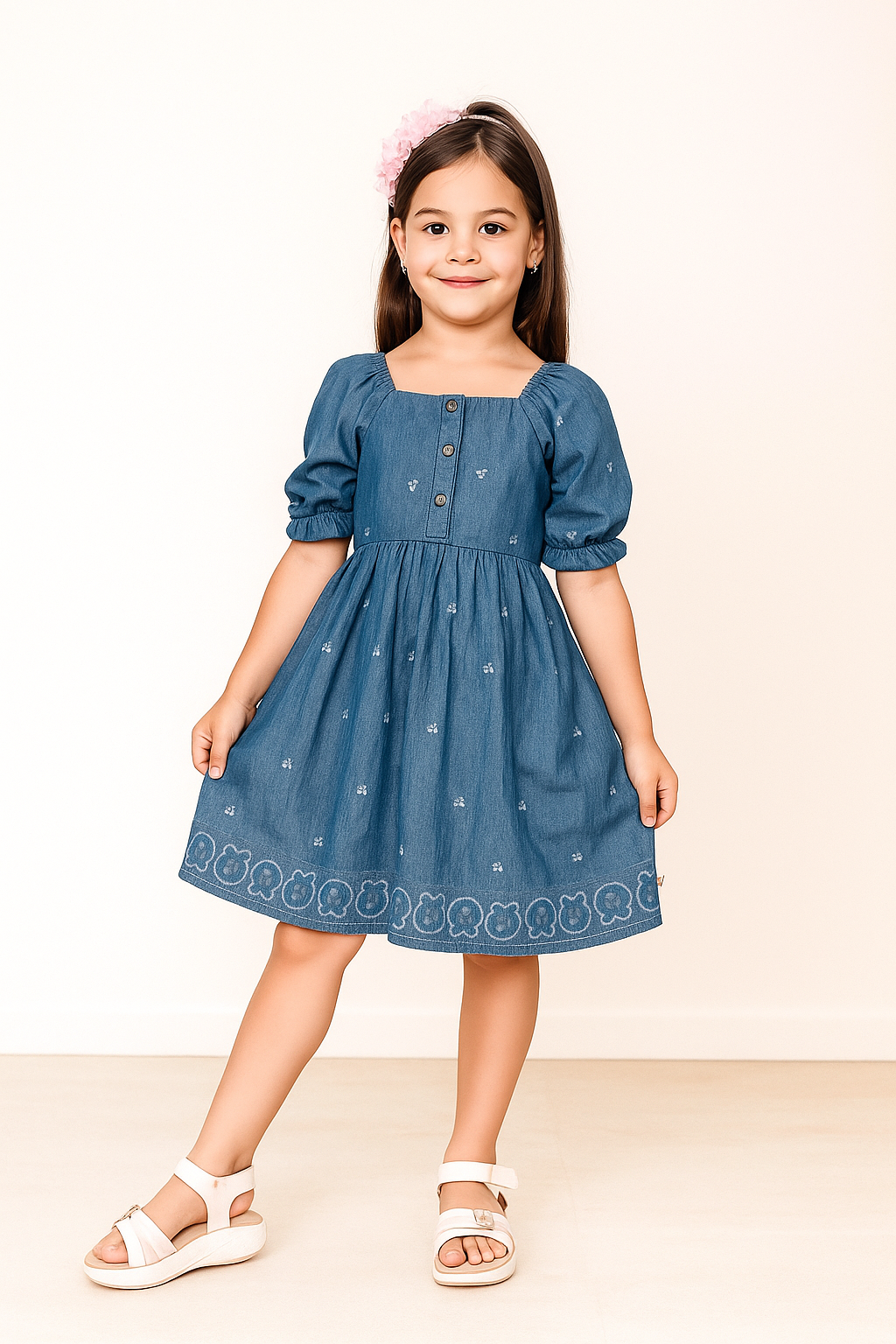 TINY TWILLS Girls Denim Frock – Blue Puff Sleeve Dress with Cute Animal Border Embroidery & Front Buttons | Trendy Casual Wear for Kids