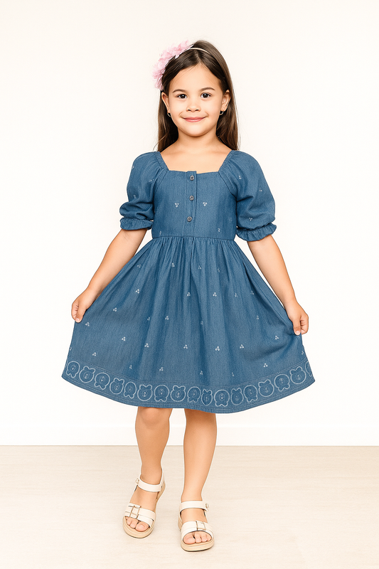 TINY TWILLS Girls Denim Frock – Blue Puff Sleeve Dress with Cute Animal Border Embroidery & Front Buttons | Trendy Casual Wear for Kids
