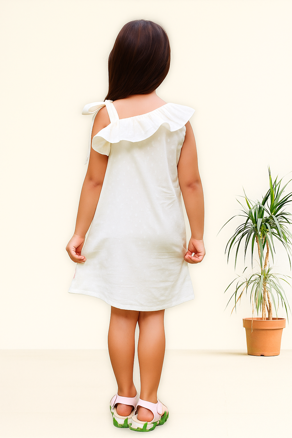 TINY TWILLS Girls Cotton Frock – Off-White One-Shoulder Dress with Floral Embroidery & Ruffled Neckline | Stylish Summer Wear for Kids