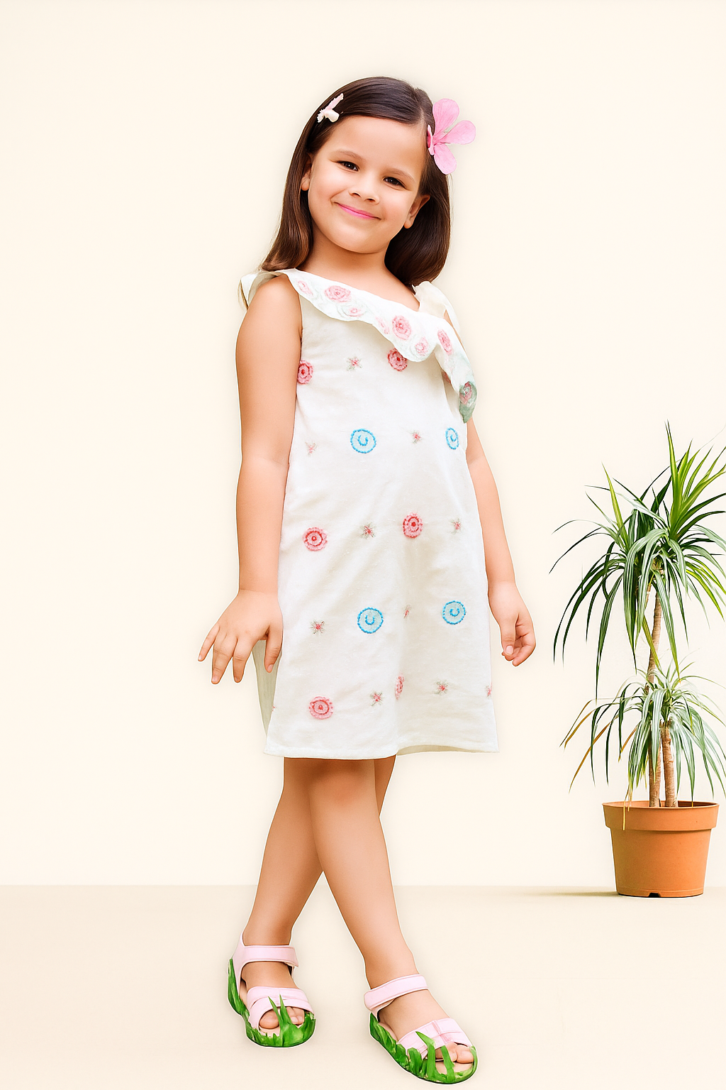 TINY TWILLS Girls Cotton Frock – Off-White One-Shoulder Dress with Floral Embroidery & Ruffled Neckline | Stylish Summer Wear for Kids