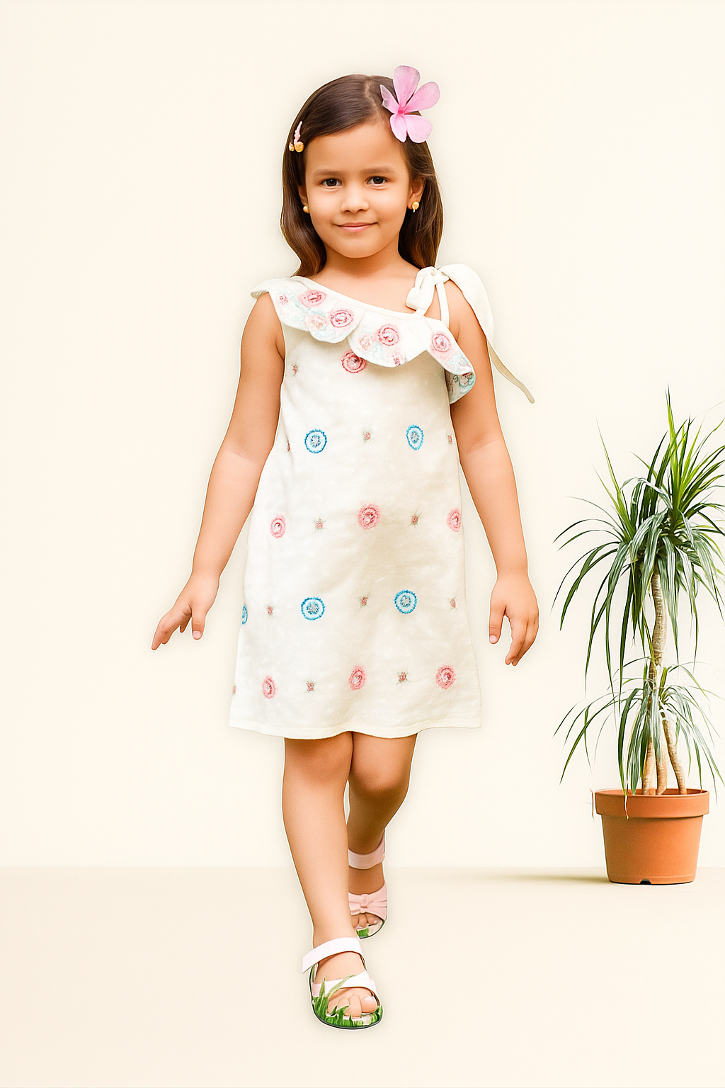 TINY TWILLS Girls Cotton Frock – Off-White One-Shoulder Dress with Floral Embroidery & Ruffled Neckline | Stylish Summer Wear for Kids