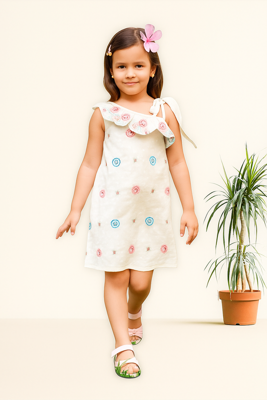 TINY TWILLS Girls Cotton Frock – Off-White One-Shoulder Dress with Floral Embroidery & Ruffled Neckline | Stylish Summer Wear for Kids