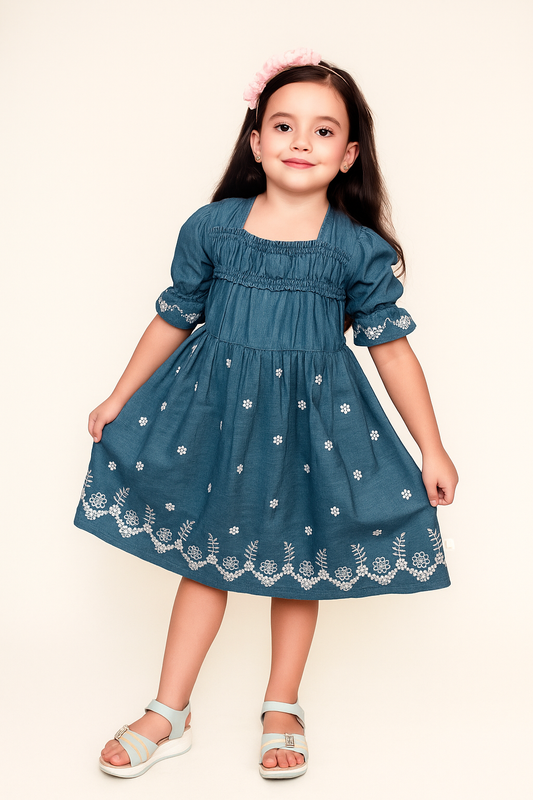 TINY TWILLS Girls Denim Frock – Blue Smocked Dress with White Floral Embroidery & Puff Sleeves | Trendy Casual Wear for Kids