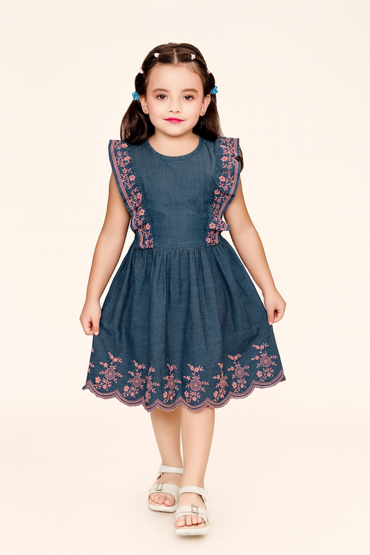 TINY TWILLS Girls Denim Frock – Sleeveless Blue Dress with Pink Floral Embroidery & Scalloped Hem | Elegant Western Party Wear for Kids