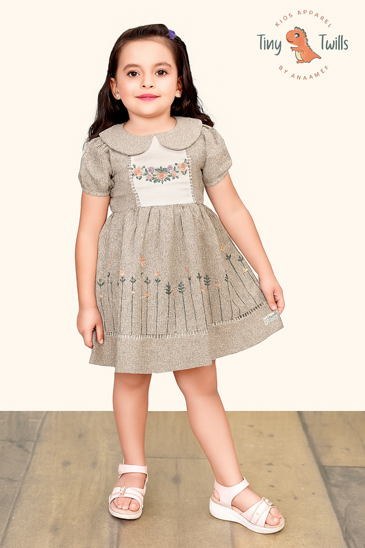 TINY TWILLS Girls Cotton Frock – Beige Textured Dress with Floral Embroidery & Peter Pan Collar | Elegant Vintage-Inspired Casual Wear for Kids