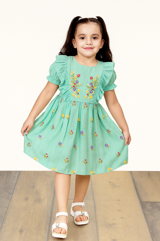 TINY TWILLS Girls Cotton Frock –  Dress with Ruffled Sleeves & Colorful Floral Embroidery | Adorable Summer Party Wear for Kids
