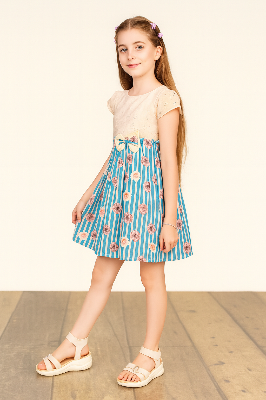 TINY TWILLS Girls Floral Frock – Cream Top with Blue Striped Skirt & Bow | Summer Cotton Party Dress for Kids