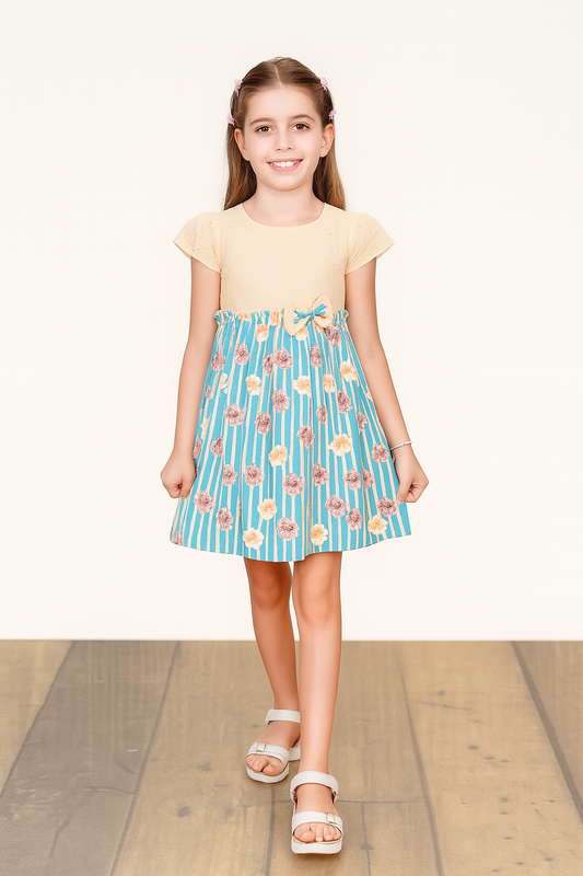TINY TWILLS Girls Floral Frock – Cream Top with Blue Striped Skirt & Bow | Summer Cotton Party Dress for Kids