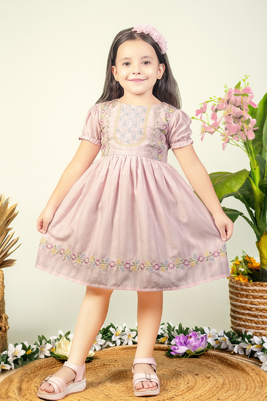 TINY TWILLS Girls Embroidered Frock – Puff Sleeves Cotton Dress for Kids | Elegant Summer Outfit