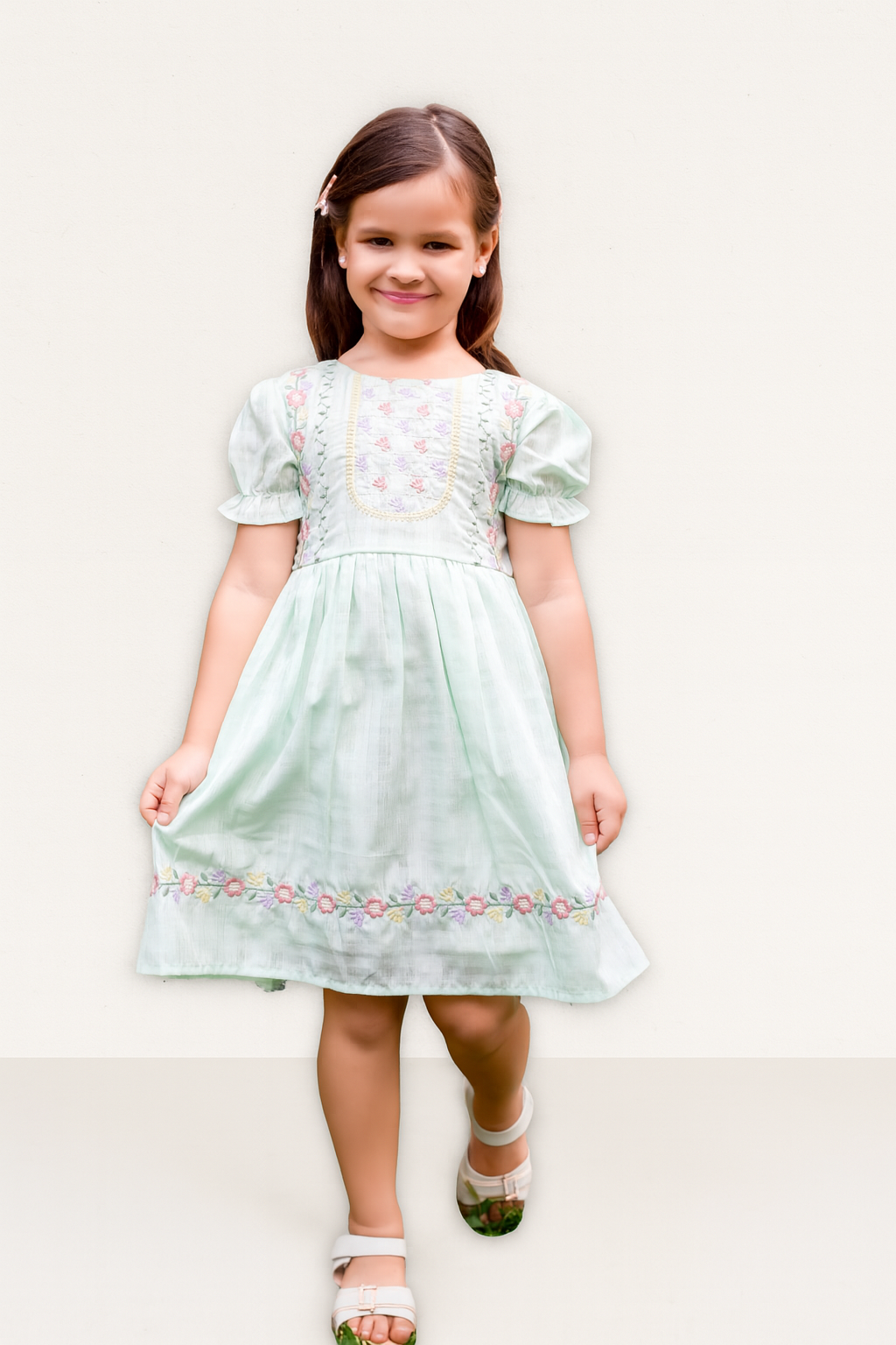TINY TWILLS Girls Embroidered Frock – Puff Sleeves Cotton Dress for Kids | Elegant Summer Outfit