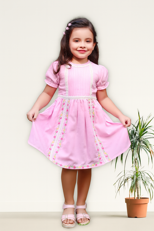TINY TWILLS Girls Cotton Frock – Baby Pink Pleated Dress with Floral Embroidery & Puff Sleeves | Cute Summer Casual Wear for Kids