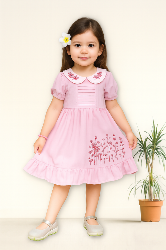 TINY TWILLS Side Floral Embroidered Frock With Pintucks On Yoke & Embroidered Collar
