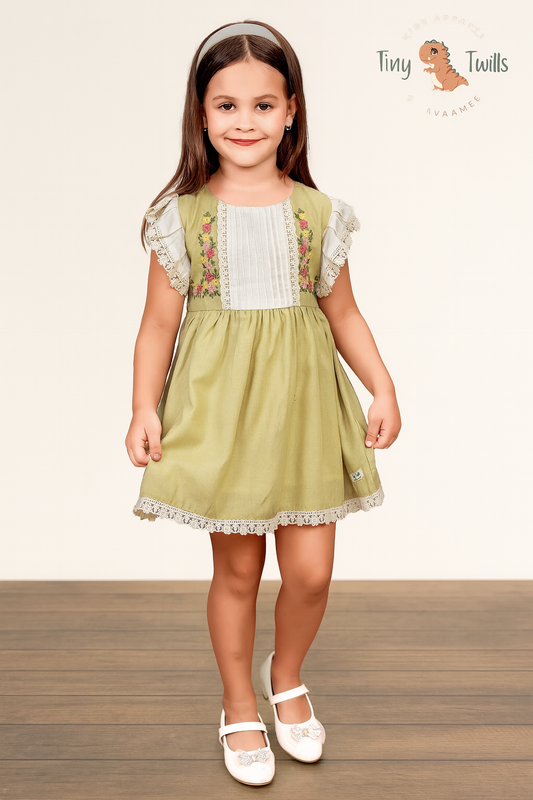 TINY TWILLS Girls Cotton Frock Embroidered Dress with Lace Sleeves | Party & Casual Wear for Kids