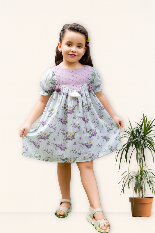 TINY TWILLS Floral Printed A Line Frock With Schiffli Yoke