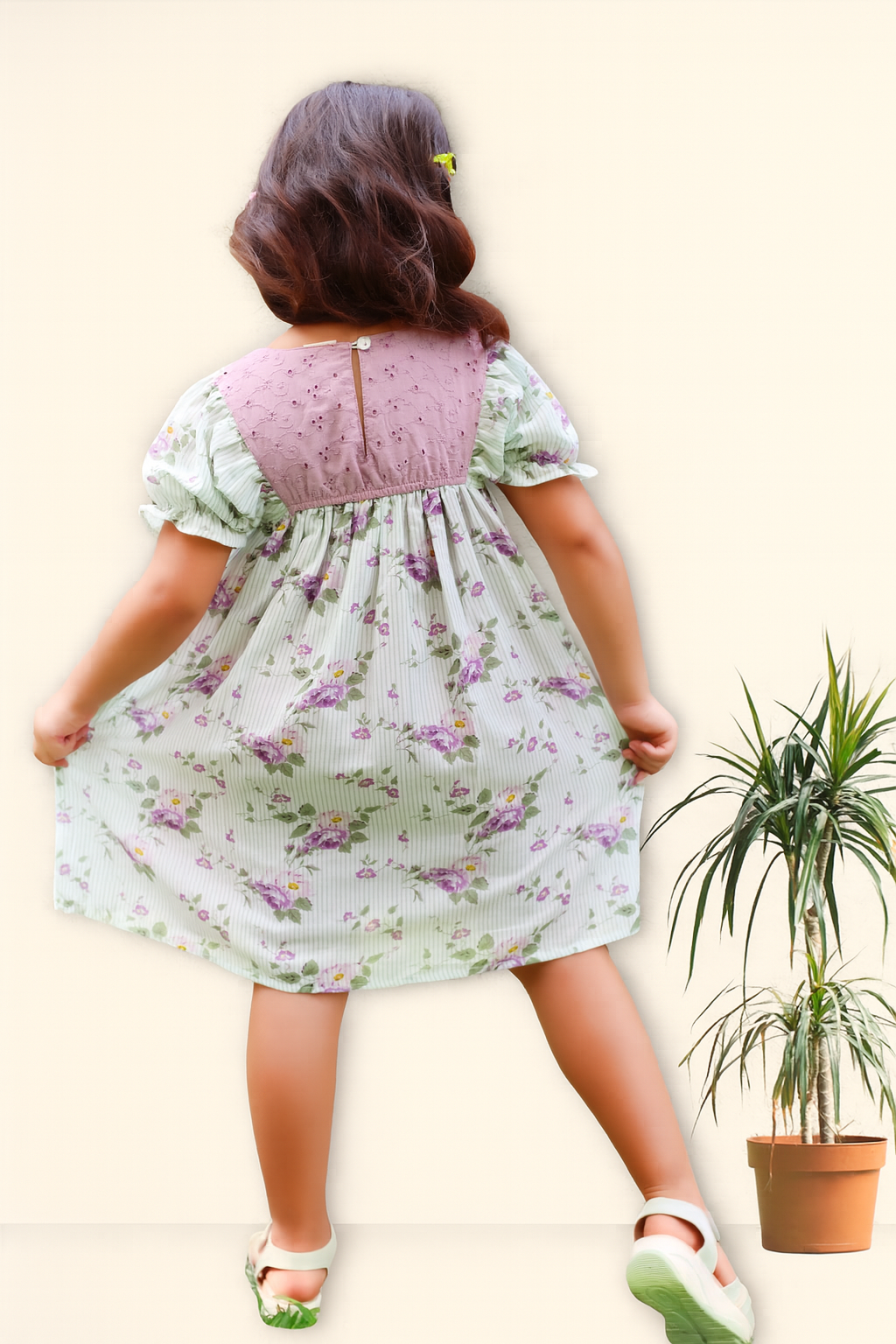 TINY TWILLS Floral Printed A Line Frock With Schiffli Yoke
