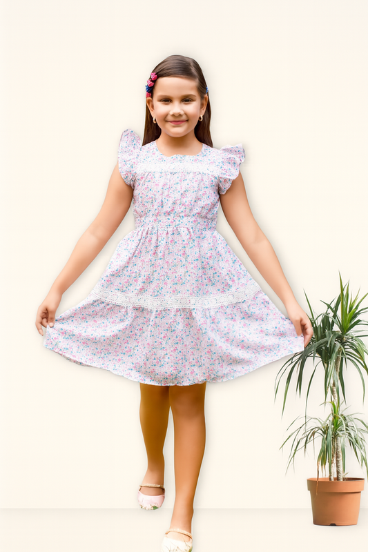 TINY TWILLS Girls Cotton Frock – White Dress with All-Over Floral Print, Ruffle Sleeves & Lace Panels | Soft Summer Casual Wear for Kids