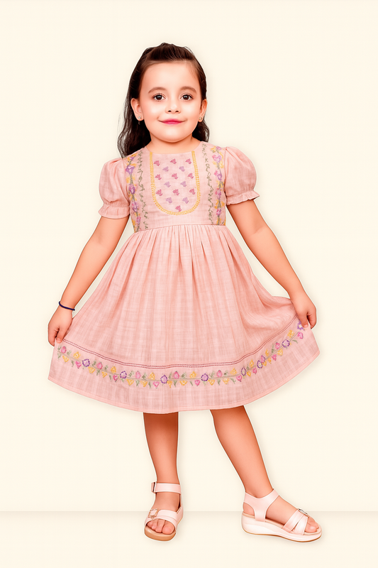 TINY TWILLS Linen Yoke Embroidered Dress With Embroidered Lace On Flare