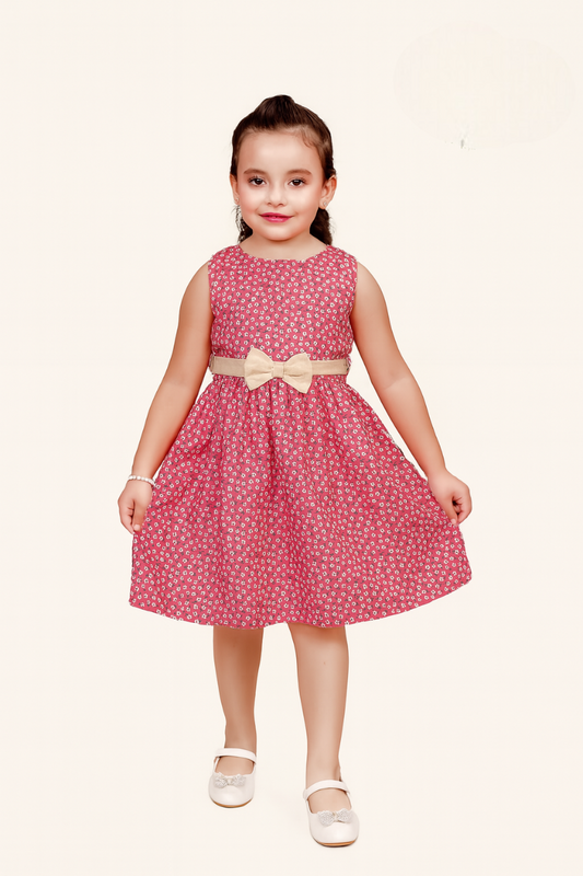 TINY TWILLS Box Pleat Printed Frock With Solid Belt & Bow On Waist