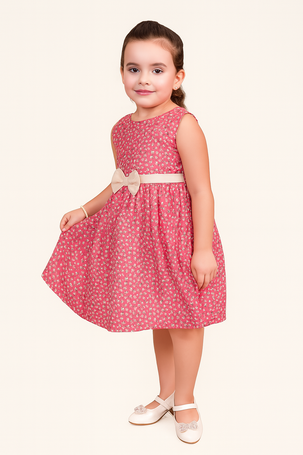 TINY TWILLS Box Pleat Printed Frock With Solid Belt & Bow On Waist