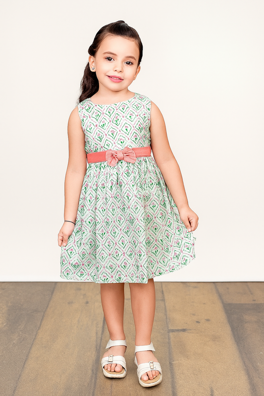 TINY TWILLS Sleeveless Fit & Flare Girls Dress – Ethnic Print with Bow Belt | Summer Cotton Dress