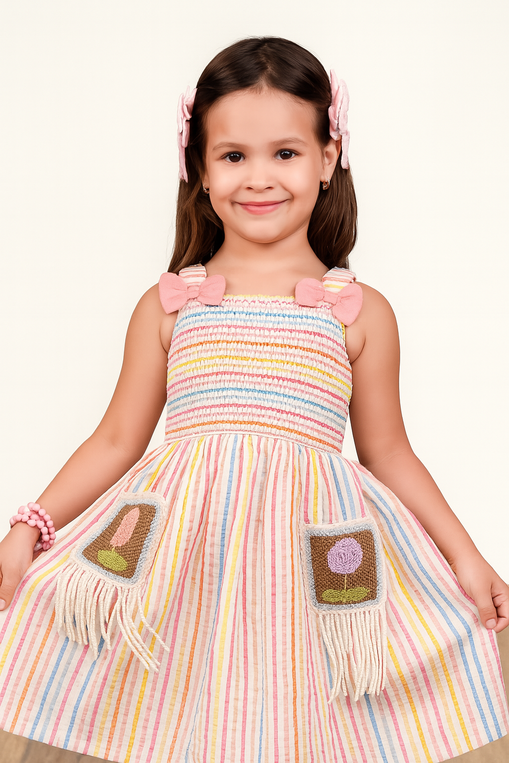 TINY TWILLS Girls’ Striped Cotton Frock – Sleeveless Multicolor Smocked Dress with Heart Pockets | Summer Wear