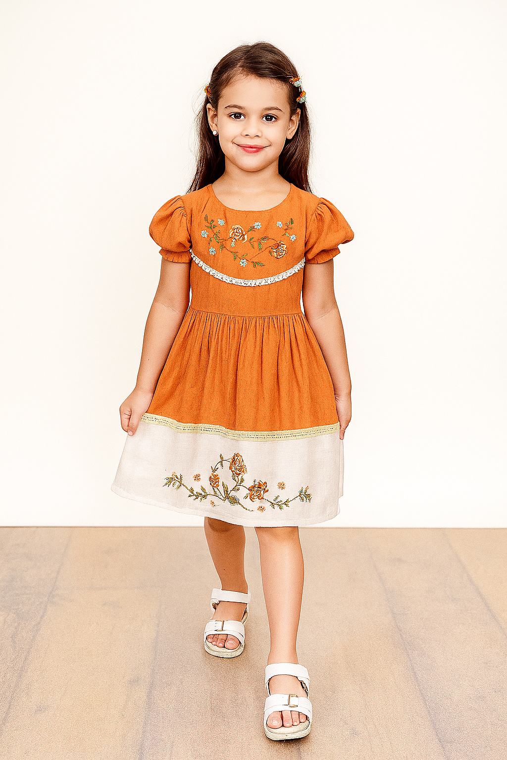 TINY TWILLS Girls’ Embroidered Frock – Puff Sleeves Cotton Dress with Contrast Hem | Summer Wear